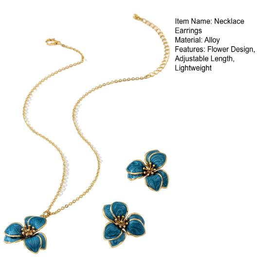 2Pcs/Set Women Jewelry Set Enamel Flower Charm Adjustable Length Necklace Faux Pearl Drop