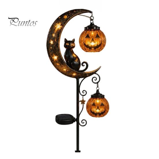 Waterproof Solar Stakes for Flower Beds Halloween Garden Stake Light, Black Cat Pumpkin on Crescent Moon with Weather Resistant Fall Ornaments Hanging