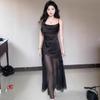 French Swinging Neck Mesh Splicing Dress Women's Summer High Sense Black Satin Suspender Temperament Slim Pleated Dress