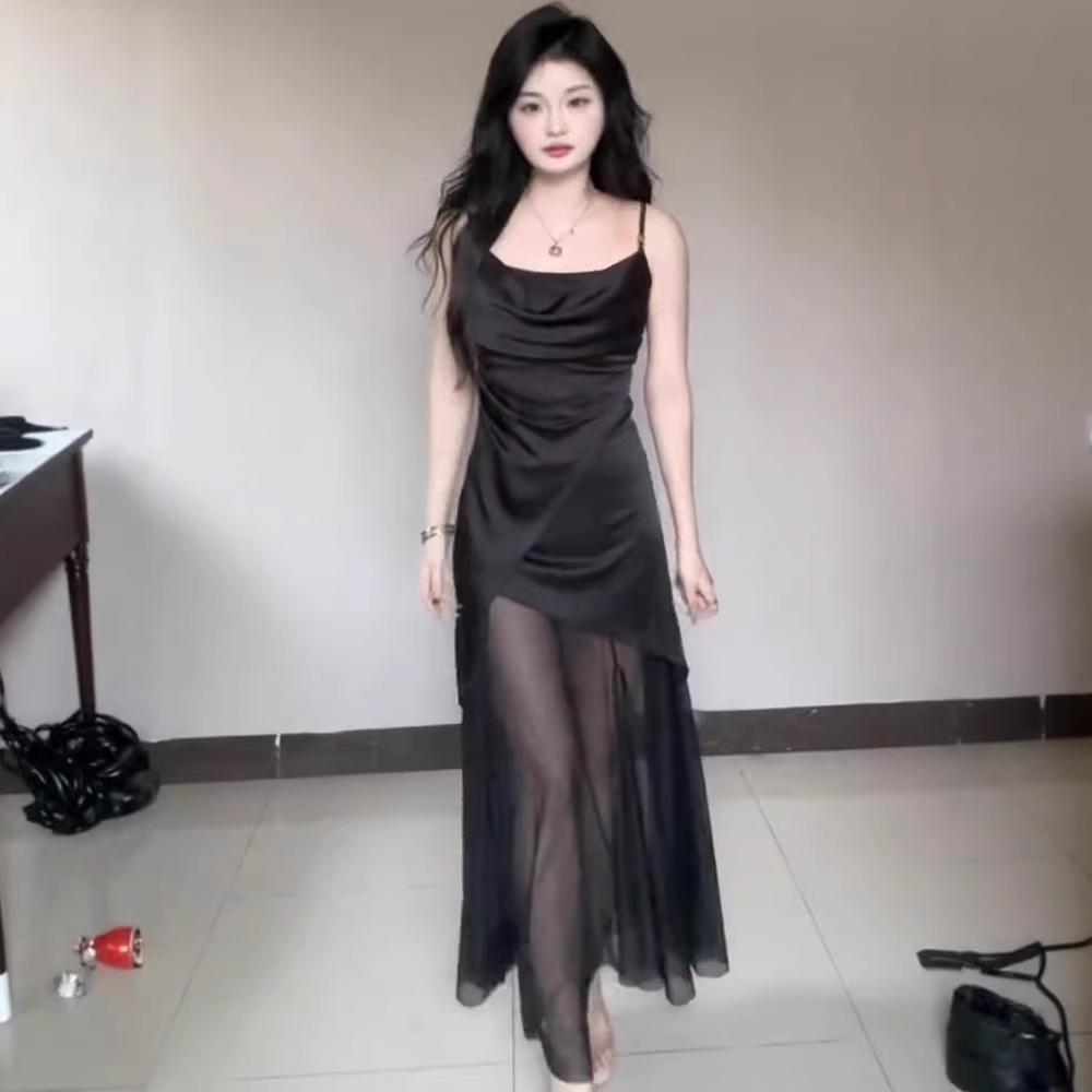 French Swinging Neck Mesh Splicing Dress Women's Summer High Sense Black Satin Suspender Temperament Slim Pleated Dress