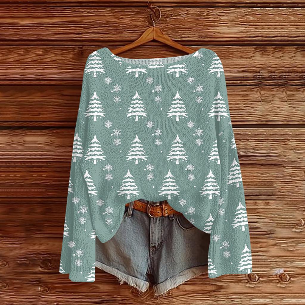 Women's Fashion Christmas Print Lightweight Sweater Casual Long-Sleeve Knit Pullover Top