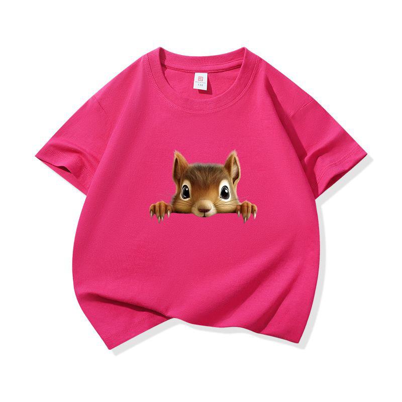 Kids Cotton T Shirt Cute Peeking Squirrel Print Crew Neck Short Sleeve Tee Casual Breathable Boys Girls Summer Tops