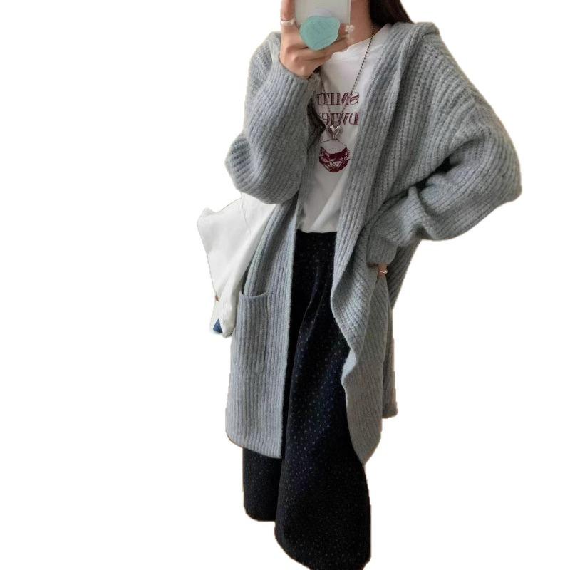 Hooded Loose Large Size Thickened Medium and Long Knitted Jacket New Lazy Wind Sweater Cardigan with Women Outside