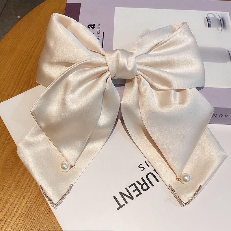 Korean Style Bow Hair Clip with Long Pearl and Multi-Layer Satin for Women.