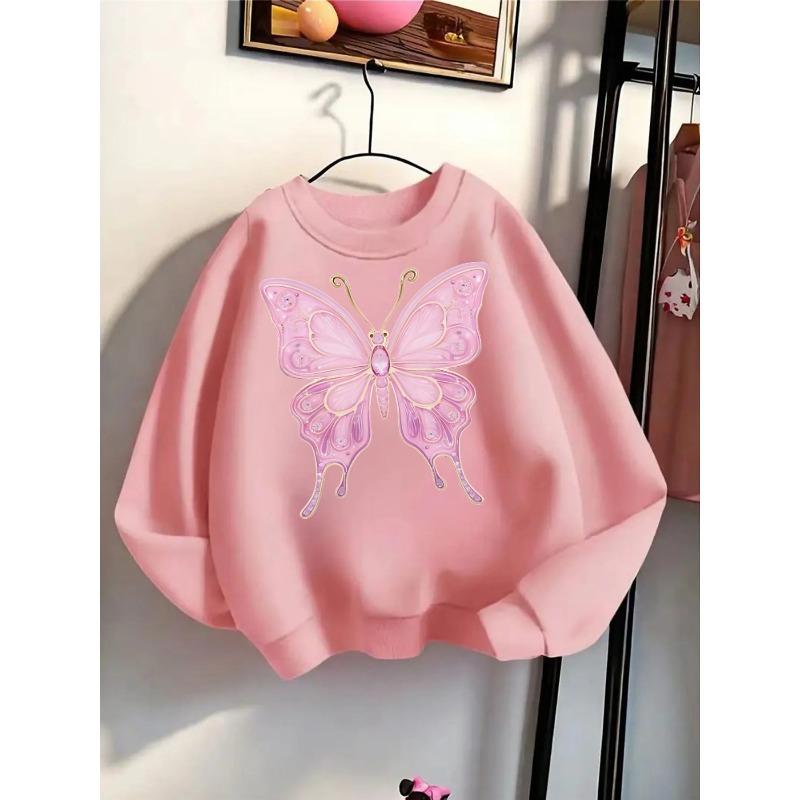 European Sizes Pink Butterfly Crystal Wings Jewelry Girls' Fashionable Crewneck Sweatshirt, Western Top, Children's Long Sleeved Casual T-Shirt