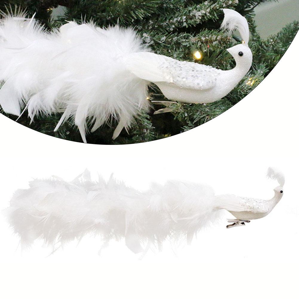 1pc Artificial White Peacocks Feathered Ornaments Christmas Long Tail Simulation Birds Christmas Tree Wedding Decor Pendant