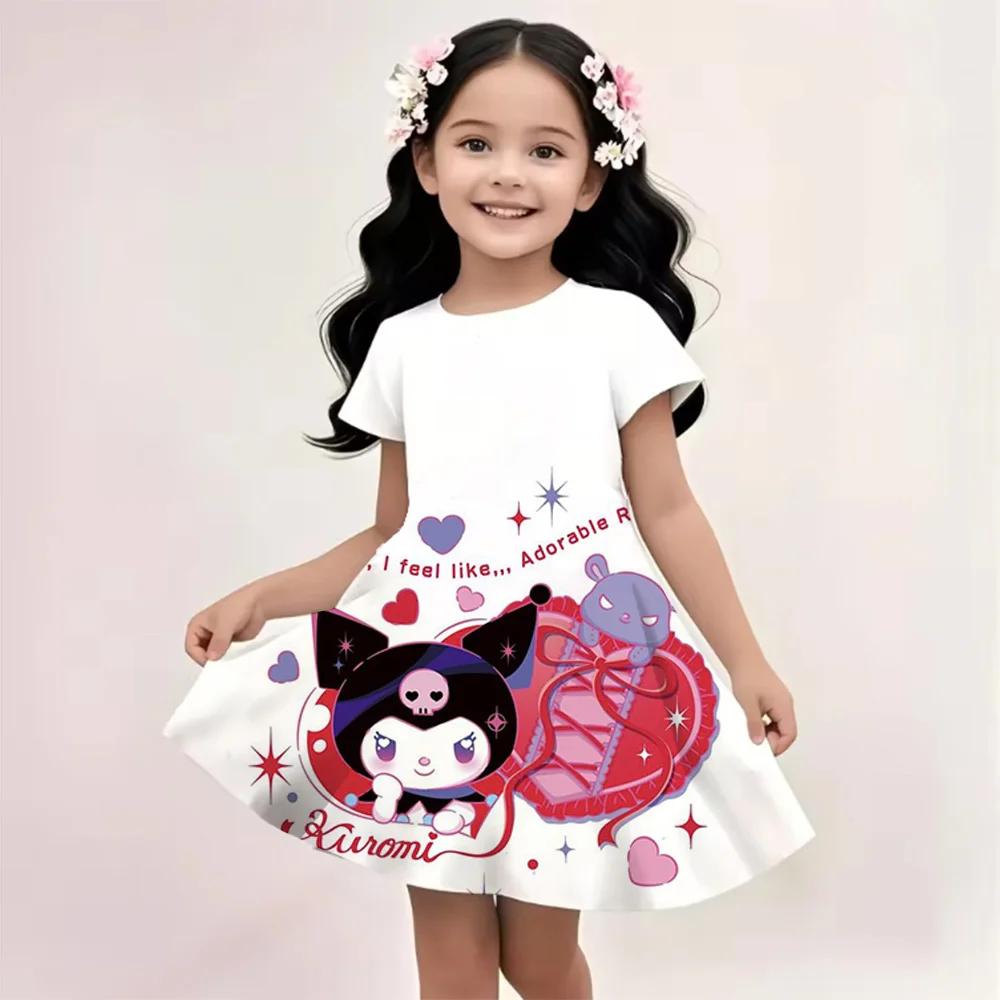 2025 Summer Girls Dress Fashion Cartoon Cute Cinnamoroll &Hello Kitty 3D Printing Dresses Kids Short Sleeve Princess Clothing
