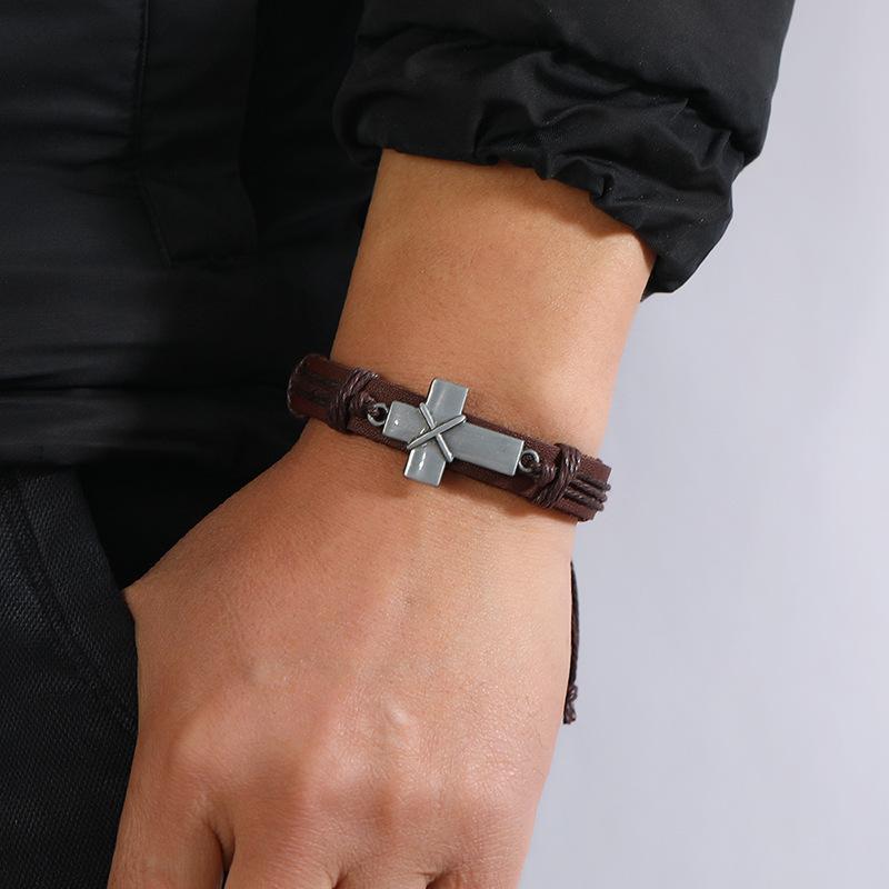 Retro Woven Cowhide Bracelet Simple Pull Adjustment Cross Bracelet Handrope Personalized Jewelry Gift