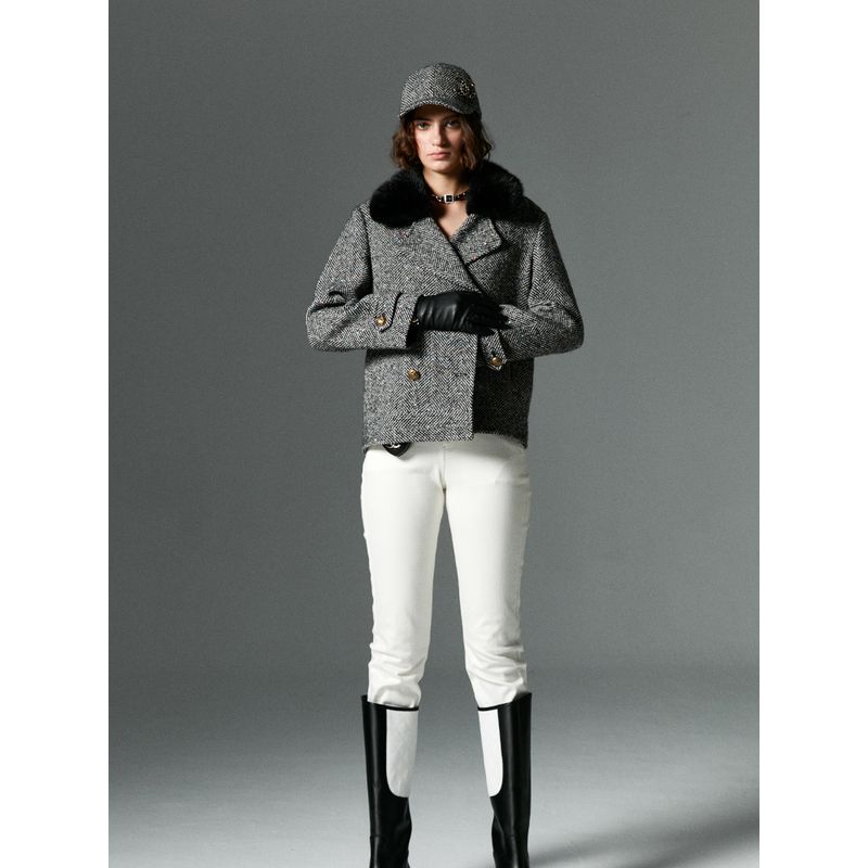 

Blacknini/Yi Guo Твидовая верхняя одежда с цветными пайетками в елочку (Джин Рот Воротник из норки Съемный) Herringbone pattern S