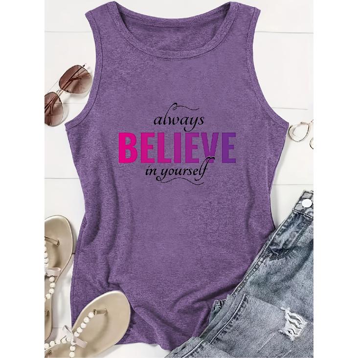 2026 Always Believe In Yourself Slogan Print Women Loose Breathable Sleeveless Tank Top Casual Summer Vest S фиолетовый