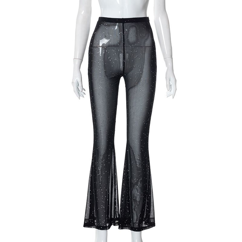 

Wide Leg Pants European and American Women s Clothing 2023 Summer New Sexy Mesh High Waist Hip Lifting Bell-Bottom Pants Slim Looking Wide Black M