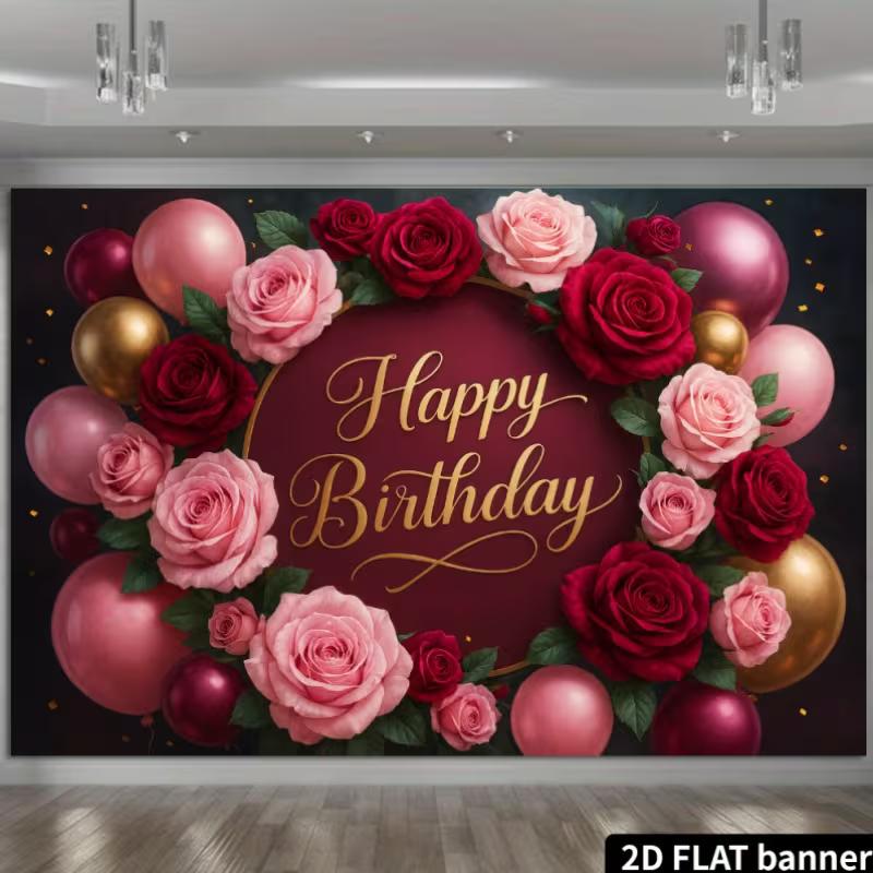 2D Flat Floral Happy Birthday Party Photo Booth Background Cloth