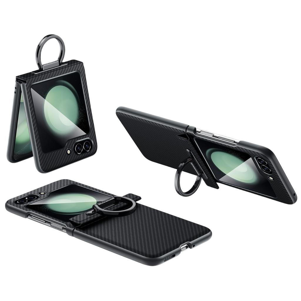 SULADA For Samsung Galaxy Z Flip5 5G Case with Ring Kickstand Magnetic Closure Leather PC Phone Cover Carbon Fiber Texture