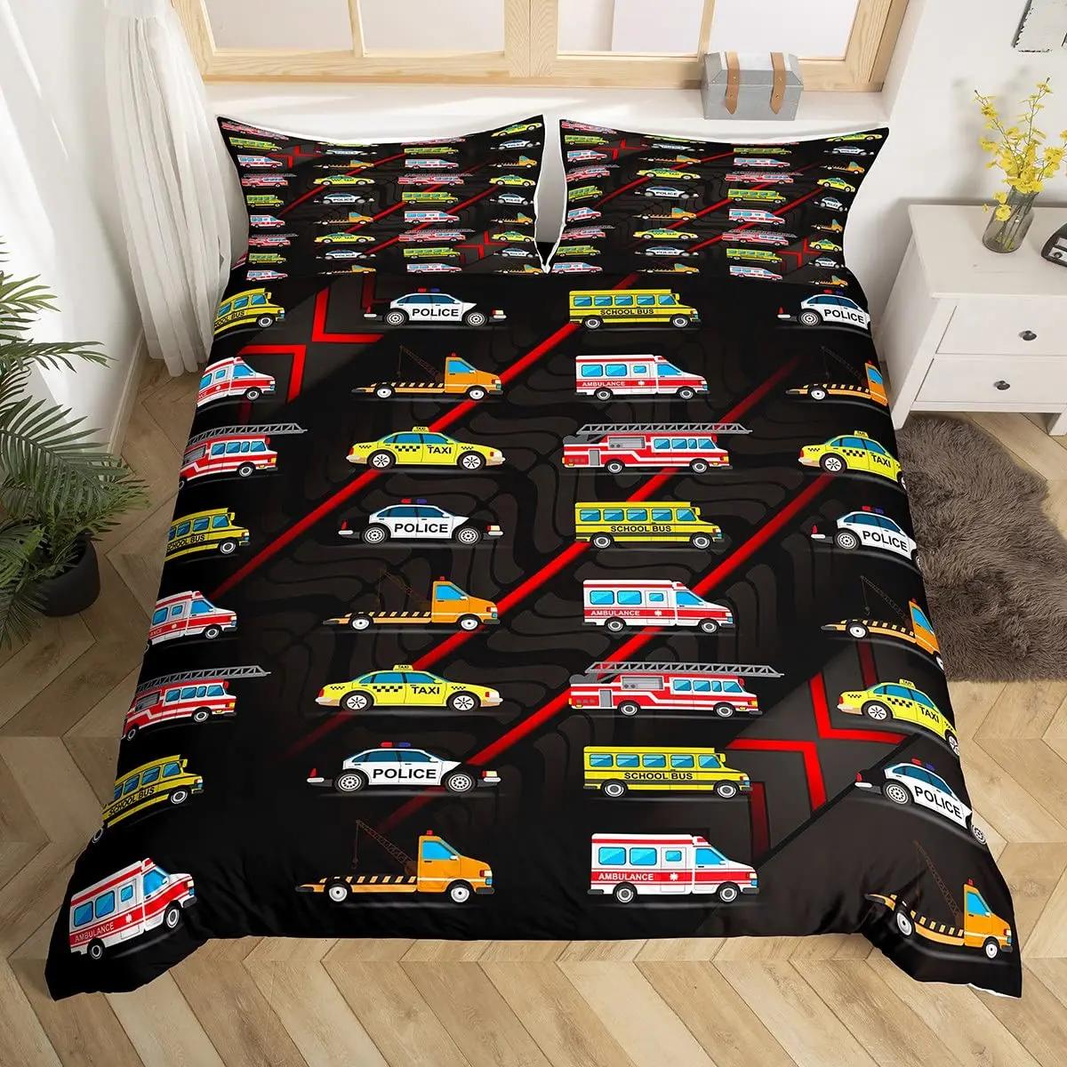 Ensemble de literie Voiture de Police pour Garçons Taille Full Queen, Housse de couette Voiture de Policier, Housse de couette Dessin Animé Véhicule pour Enfants Filles Adolescents EU Single(135x200cm)