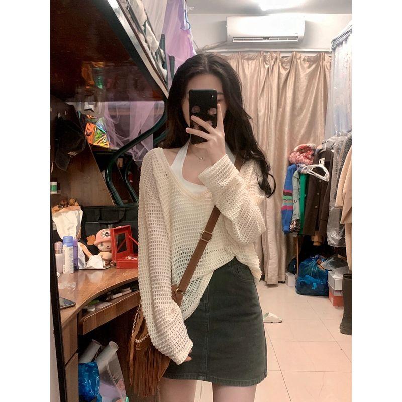 

Summer Cut Out Knitwear Thin Tops Women s Long Sleeve Knitting T-Shirt Summer Sun Protection Camisole Outerwear Cover-up White halterneck sling M