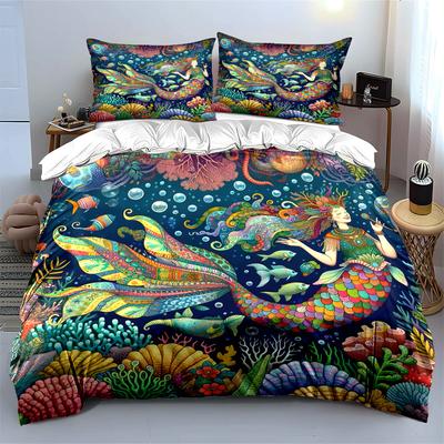Colorful Mermaid Ocean Decor Set Bedding Set With 1 Duvet Cover 2 Pillowcases Single Double King Queen, Gift