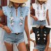 Damen Sommer Blume Stickerei Schnürung Freizeit Hemd Bluse