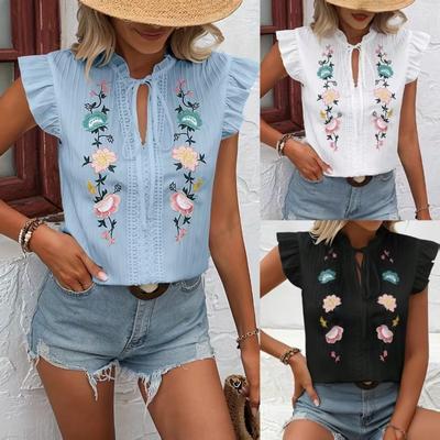 Women Summer Floral Embroidery Lace Up Casual Shirt Blouse