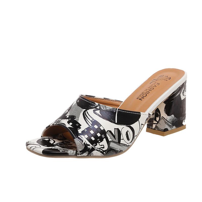 Fashion Womens Sandals Printed Summer 2025 New Thick-heeled Popular High-heeled Sexy All-match Half-slippers Open Toe Casual Basic Shoes