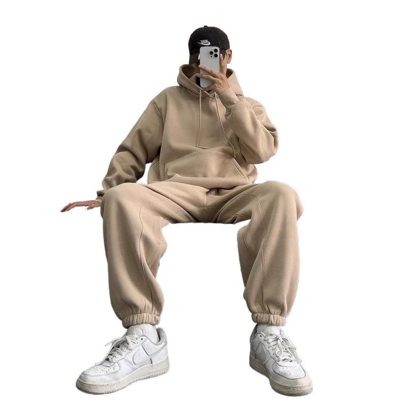 Autumn and Winter Grey Minimalist Streetwear Brand Loose, Fleece and Thickened Sweatshirt Sportswear Set for Men and Women