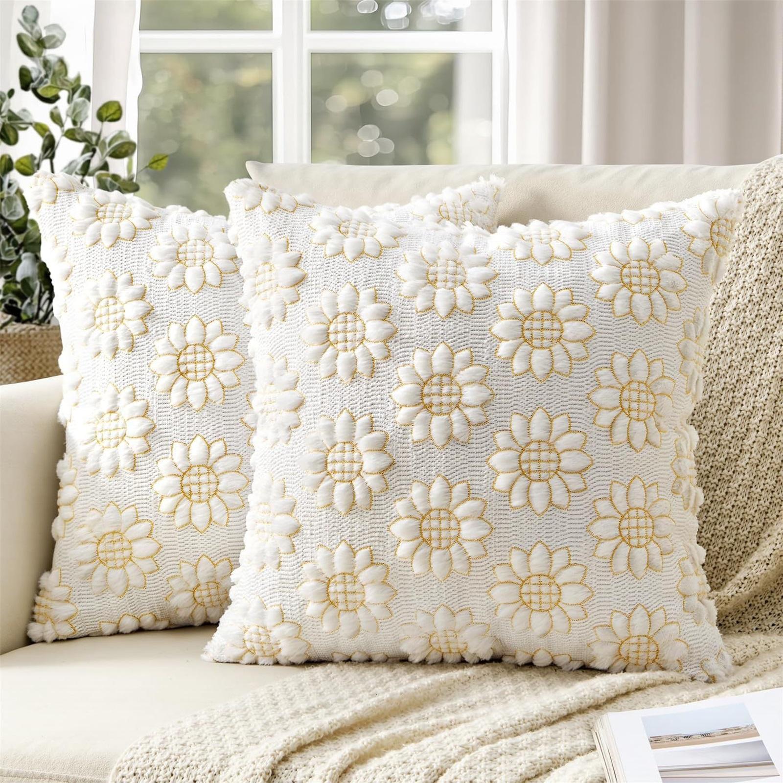

Sunflower Embroidered Pillow Cover Plush Jacquard Cushion Case Square Decorative Throw Pillow Sham for Sofa Bed Car One Size белый