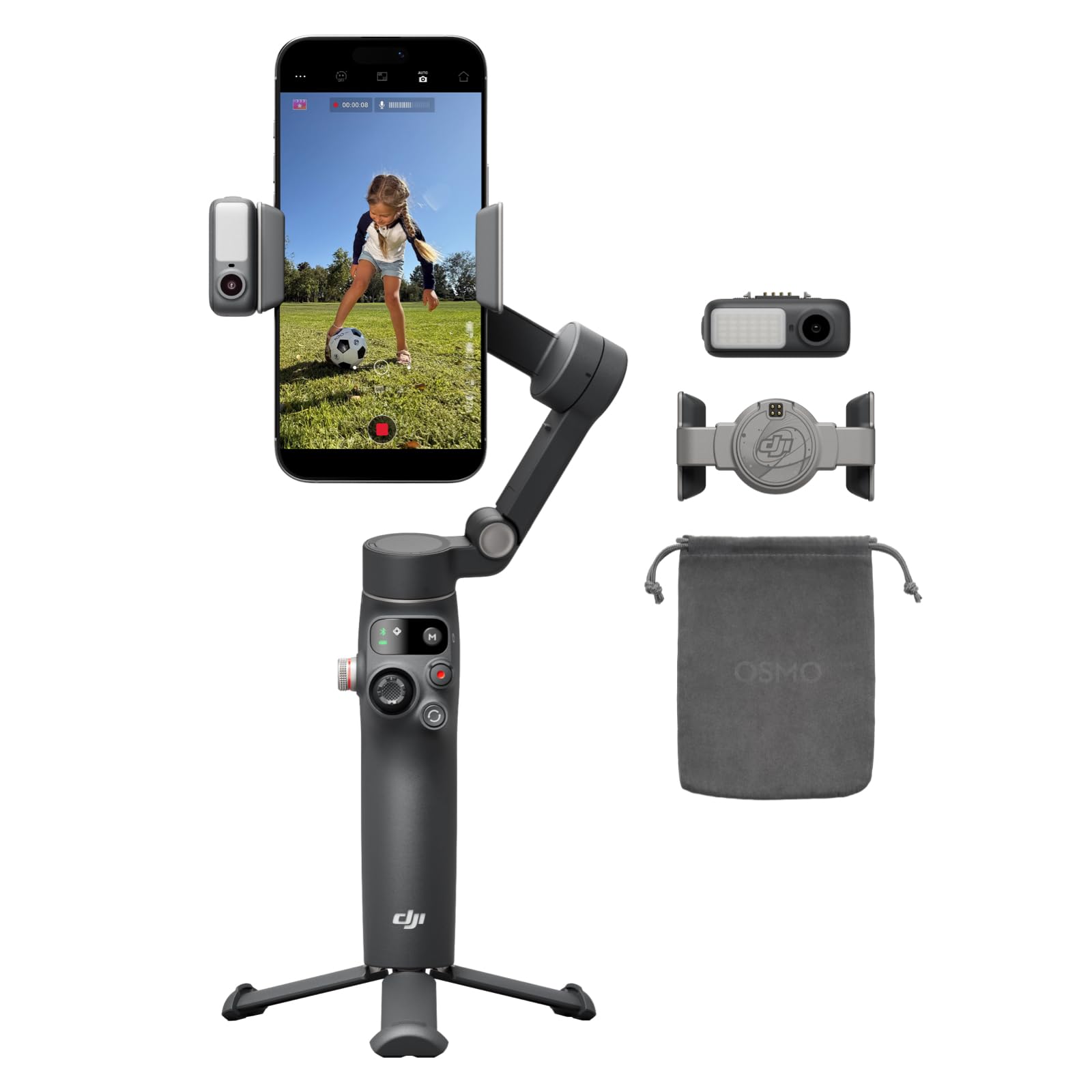

DJI Стабилизатор для смартфона Osmo Mobile 8 с нативным звуком и удлинительной штангой оси панорамирования и 10 часами работы и отслеживанием стабилизации изображения,