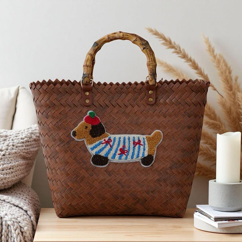 Dackel Welpe Gewebte Handtasche mit Bambusgriff Vintage Strandtasche