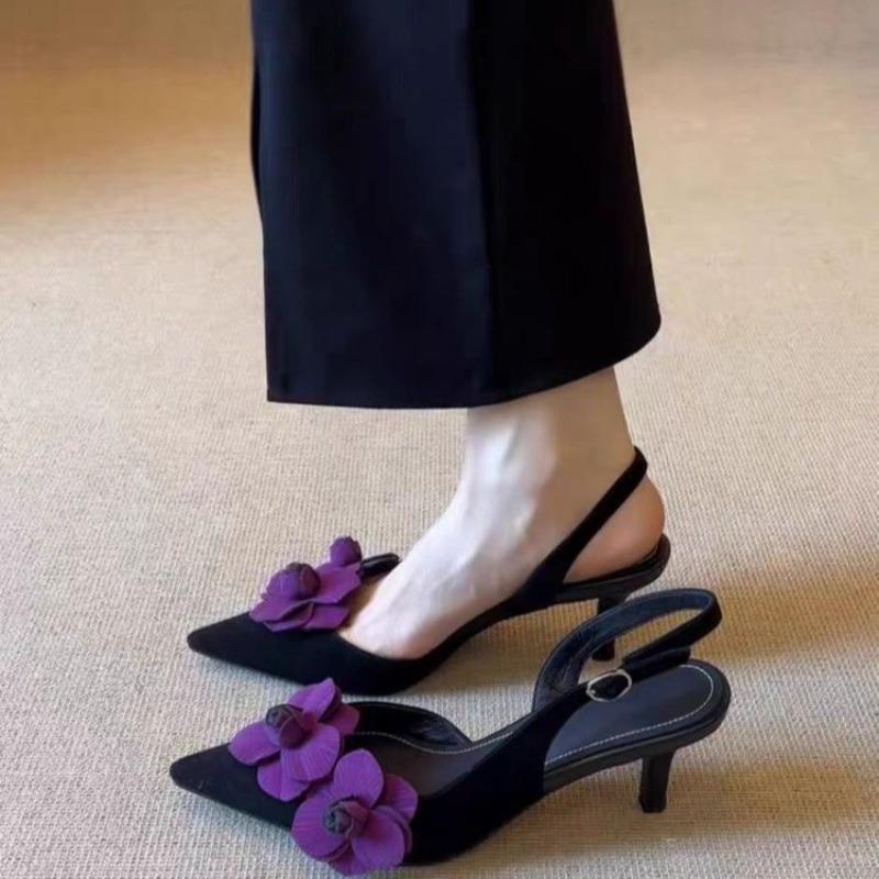 Fashion Retro Pointed Toe Stereo Flower Baotou Sandals Women Stiletto Heel Back Trip Strap with Skirt Sandals Women Outside Wear