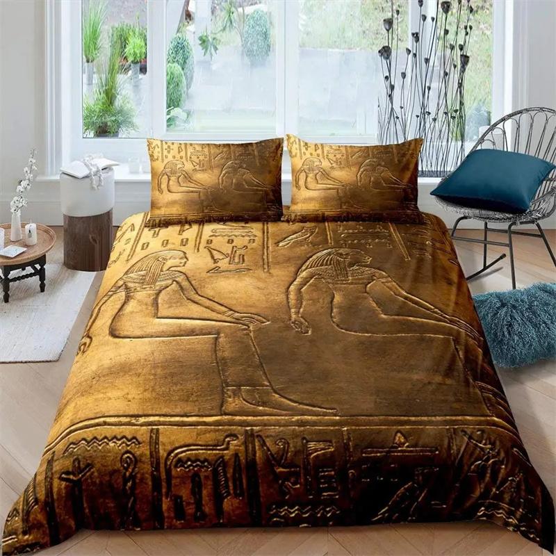 Ancient Egypt King Queen Duvet Cover Egyptian Symbol Bedding Collection Pharaoh Pyramid Boho Comforter Cover Soft Polyester Quilt Cover