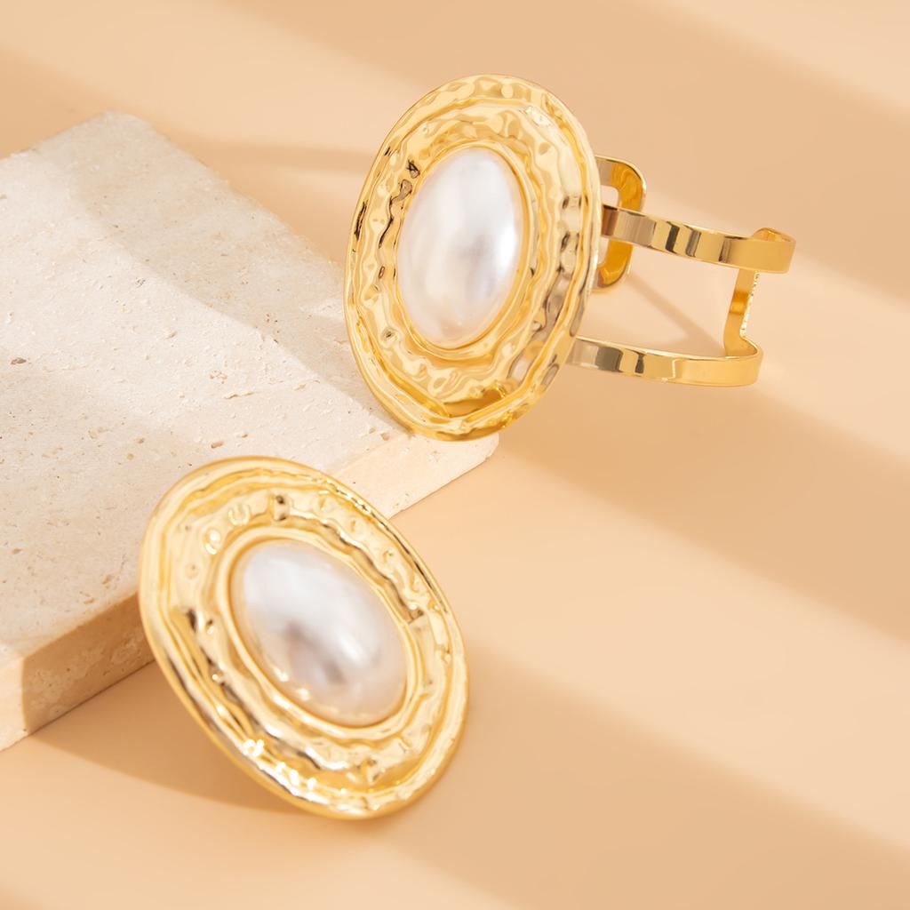 Vintage Pearl Metal Cuff Bangles Rings Set For Women Punk Geometric Gold copper Color Big New Hip Hop Jewelry Set