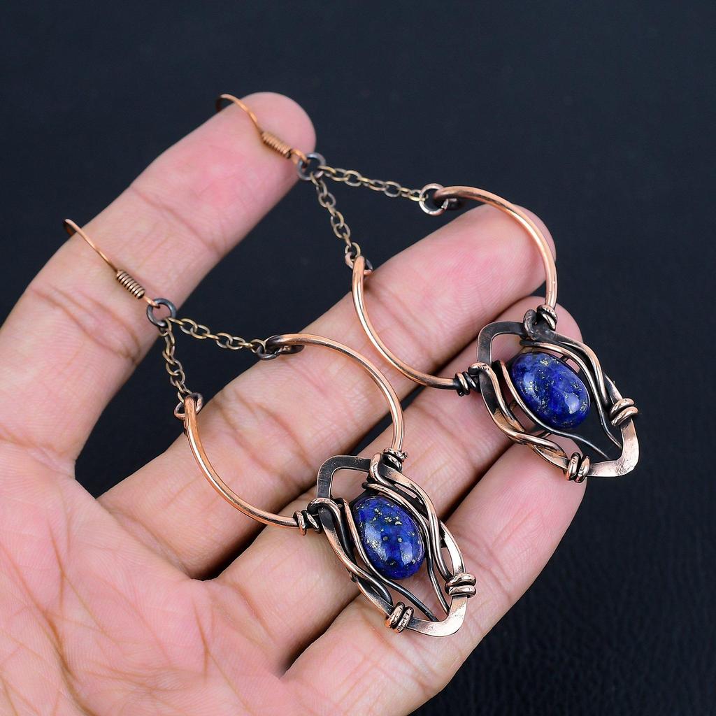 Lapis Lazuli 999 Copper Wire Wrapped Earrings, Handmade Gemstone Earrings Jewelry, Gifts For Wife Brand New Earrings