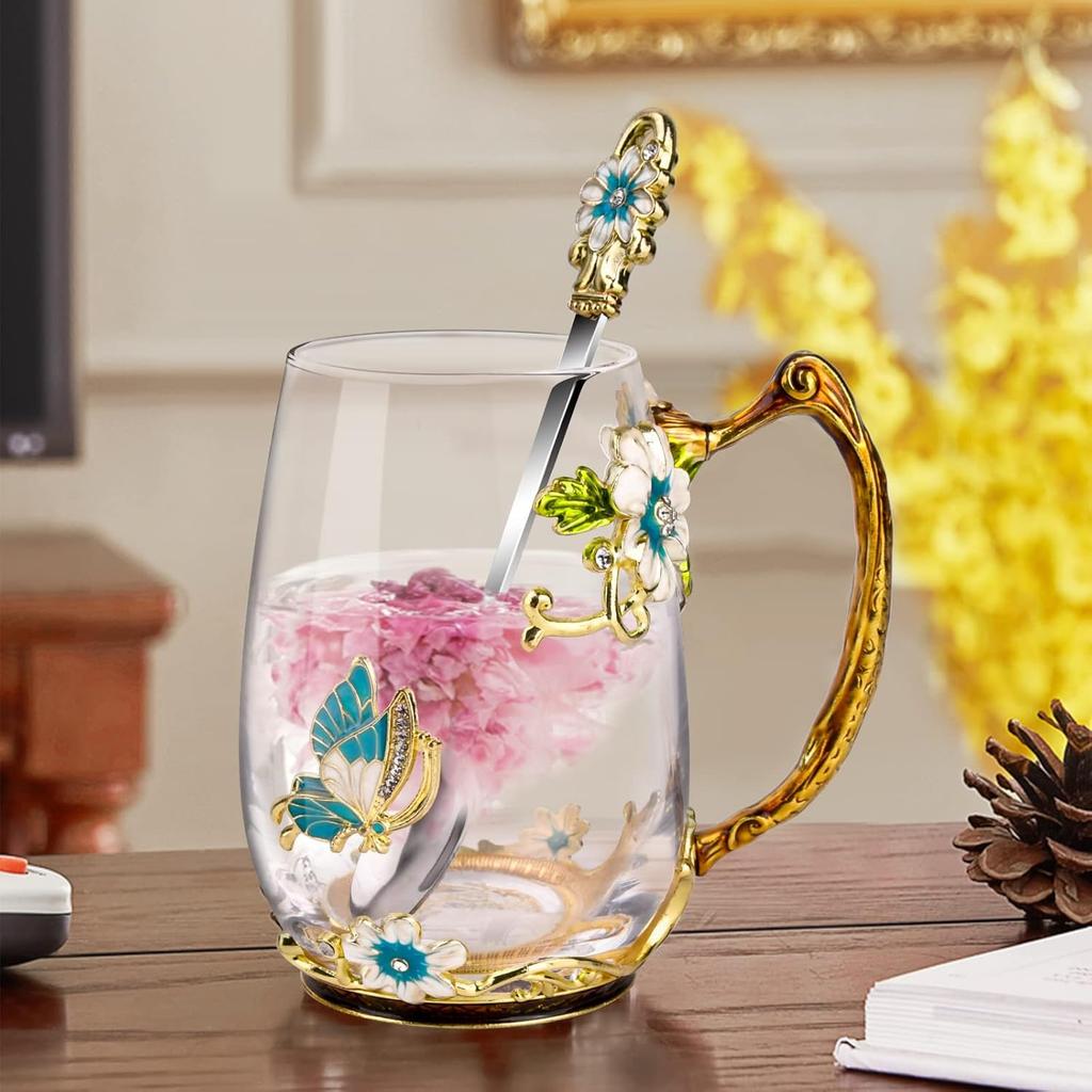Glass Coffee Enamels Mug with Steel Spoon ,Best Birthday Valentines Gifts for Women,Enamel Flower Lead-free Glass Coffee Mugs Tea Cup