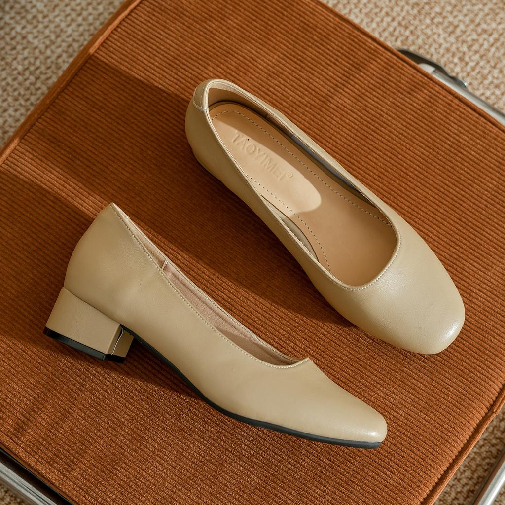 Leather square head low-heeled single shoes female spring autumn new Korean version fairy style professional commuting French thick-heeled high heels