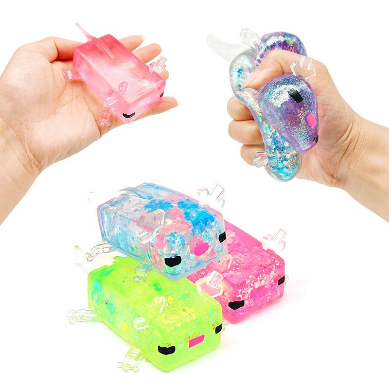 Quetschbares Axolotl-Spielzeug mit Glitzer-Pailletten, langsam aufsteigende Stressabbau-Kugel, Tier-Sensorik-Fidget-Spielzeug, Quetsch-Entlüftungsspielzeug, Lustiges Spielzeug, Geschenk