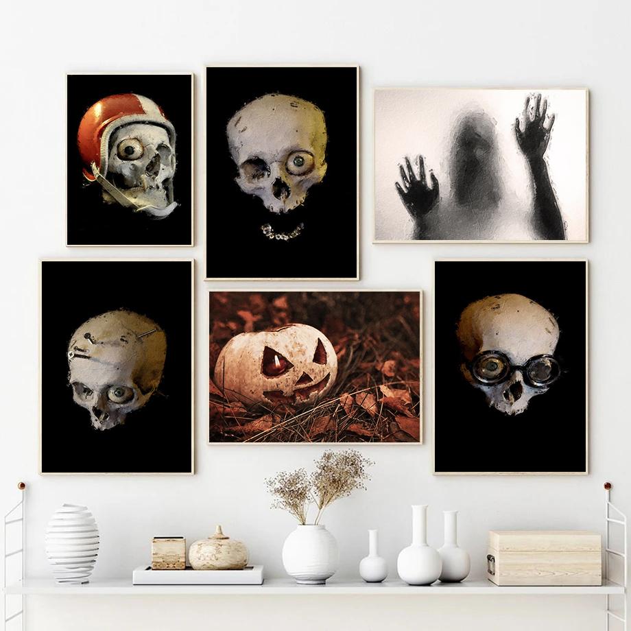 Classic Horror Halloween Pumpkin Skull Dark Academy Fashion Retro Poster Canvas Paintings Wall Art Pictures Home Decor