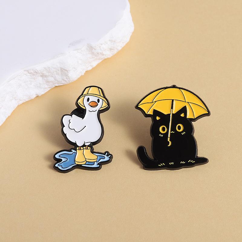 Funny Black Cat With Umbrella Enamel Pins Duck With Rain Boots Metal Brooches Lapel Badge Jewelry Gifts For Friends