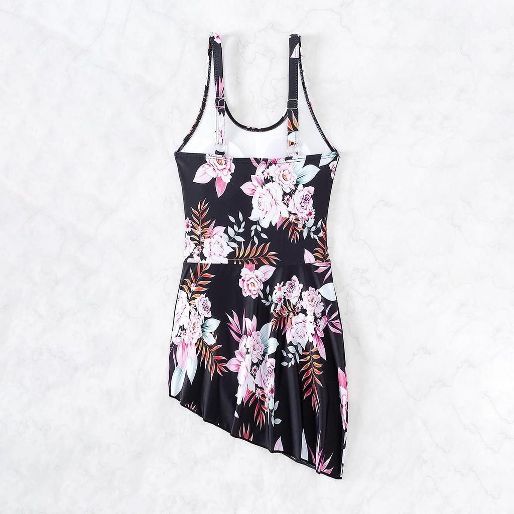 Costume da bagno intero da donna conservativo con stampa floreale e vegetale gonna a bretelle