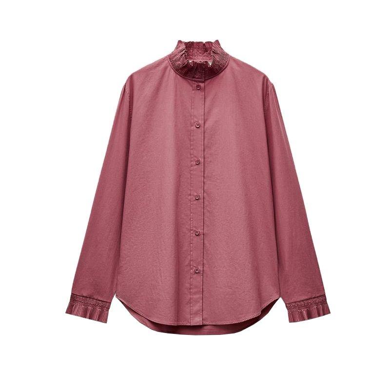 Fall and Winter New Women's Clothing Fashion Style Cotton Small Pleated Laminated Decoration Stand Collar Long Sleeves Shirt 4786277