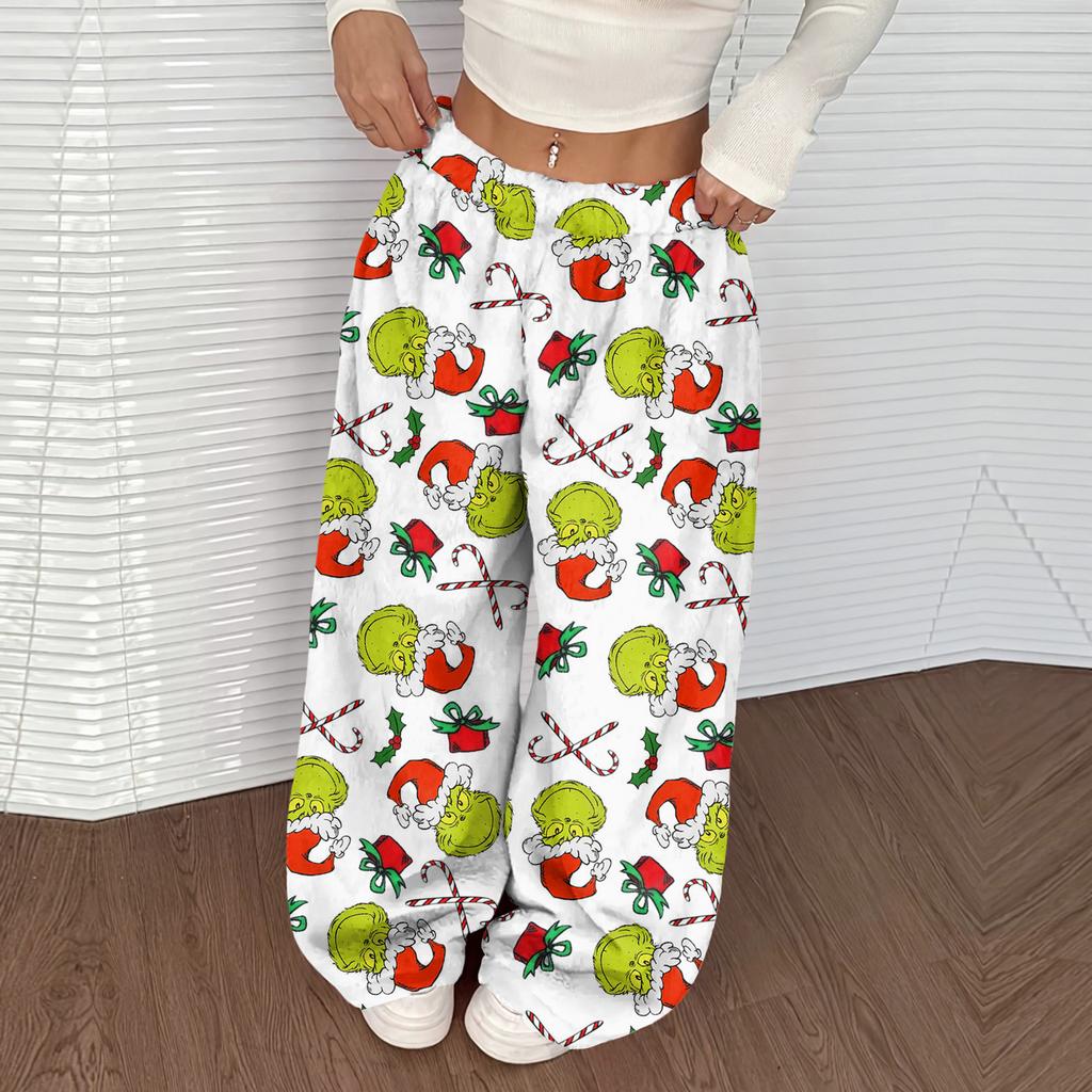 Women's Casual Christmas Print Elastic Waist Loose Fit With Plush Wide Leg Pants