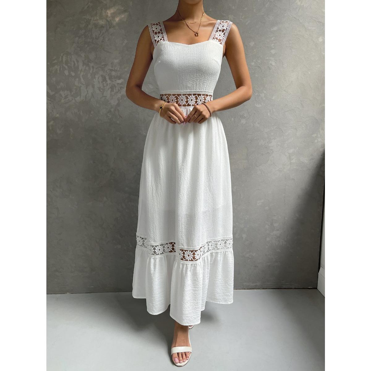Women s Square Neck Sleeveless Midi Dress Fitted Mid Waist Solid Lace Cutout Patchwork Elegant Commute Sundress S белый