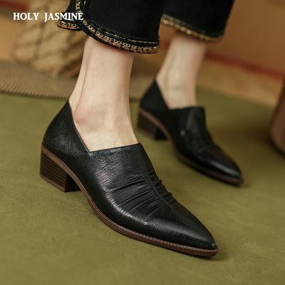 2024 Retro Women Pumps Thick Heels Pointed Toe Genuine Leather Concise Shoes Woman Spring Summer Basic Office Lady Working New
