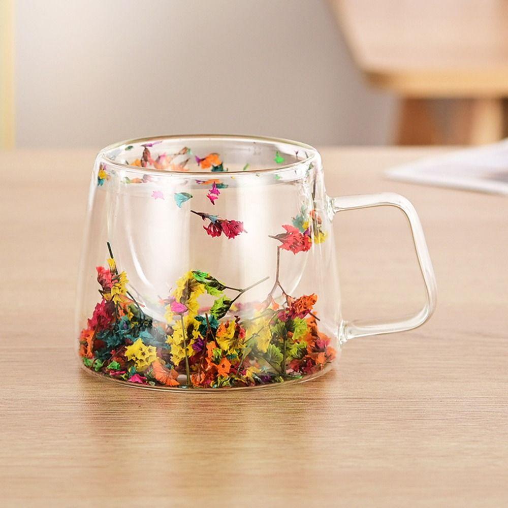 Coffee Tea Cup Dried Flower Glass Cup Double Insulated Clear Glass Cup Double Wall Mug  Household