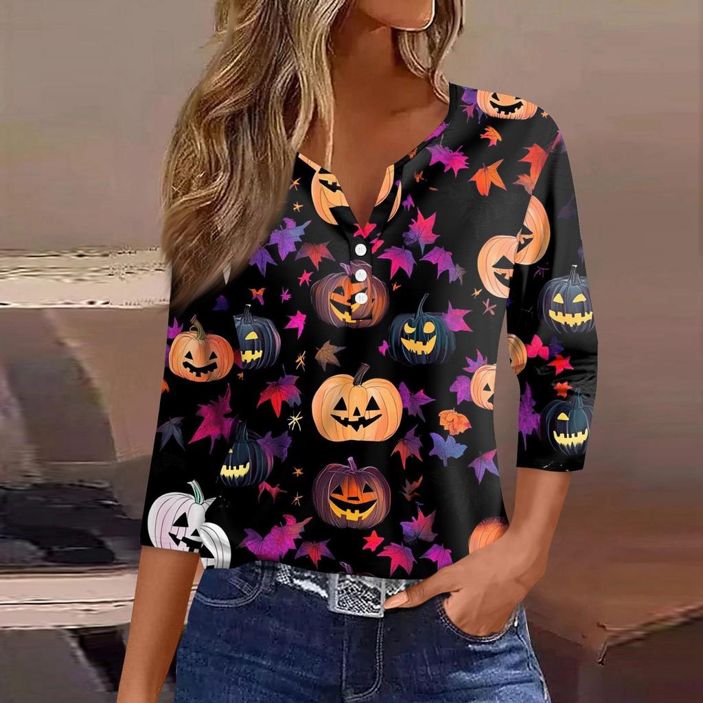 Dámské tričko Halloween potisk knoflík 3/4 rukáv tunika denní víkendová móda základní V-výstřih běžný top