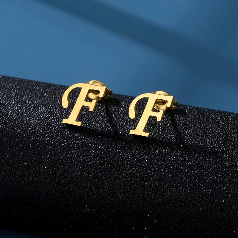 Ins Stainless Steel Lucky A-Z 26 Alphabet Letter Earring Waterproof Gold Studded Earrings Jewelry Gift