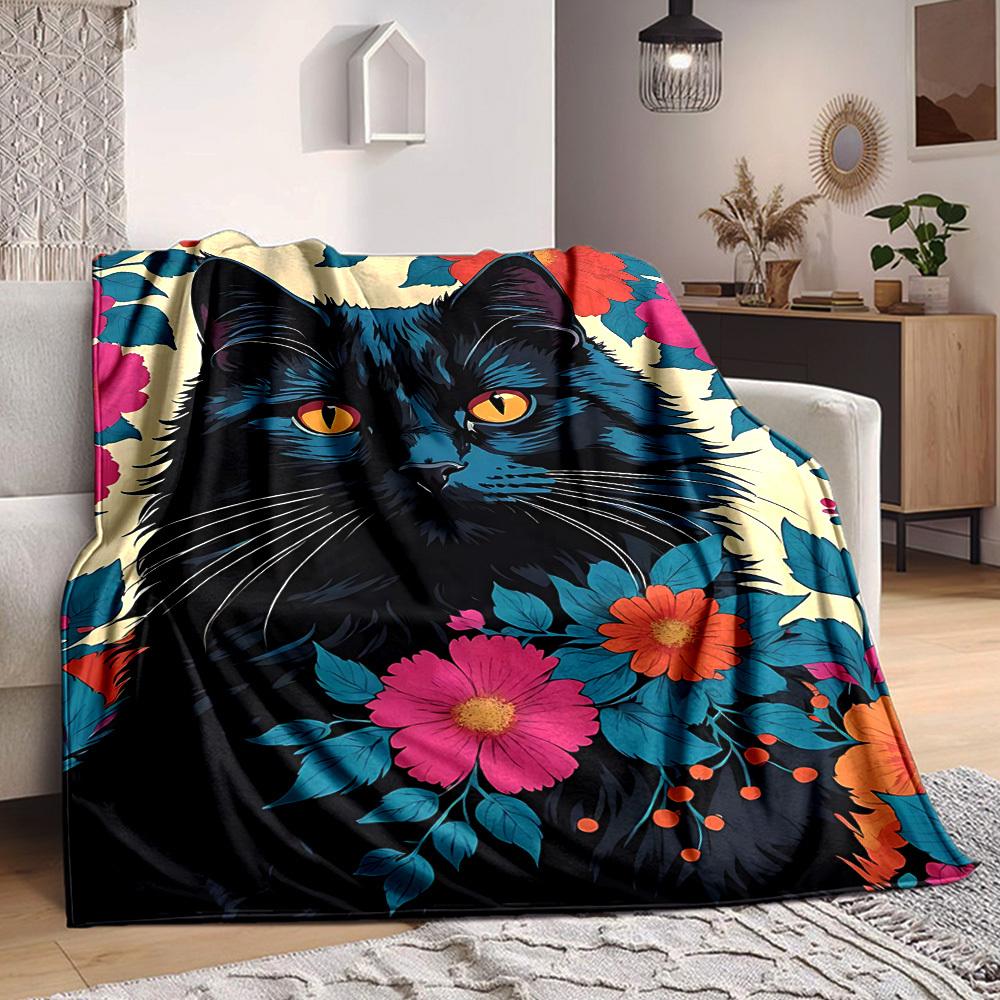

1pc Black Cat Print Soft & Warm Polyester Knit Blanket, Digital Printed, All-Season Throw for Napping, Traveling, Sofa yy250906021 75x90cm