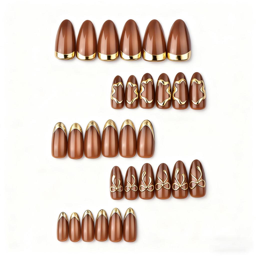30pcs Gold Foil Cat Eye Almond 3D Bow French Nail Art Set