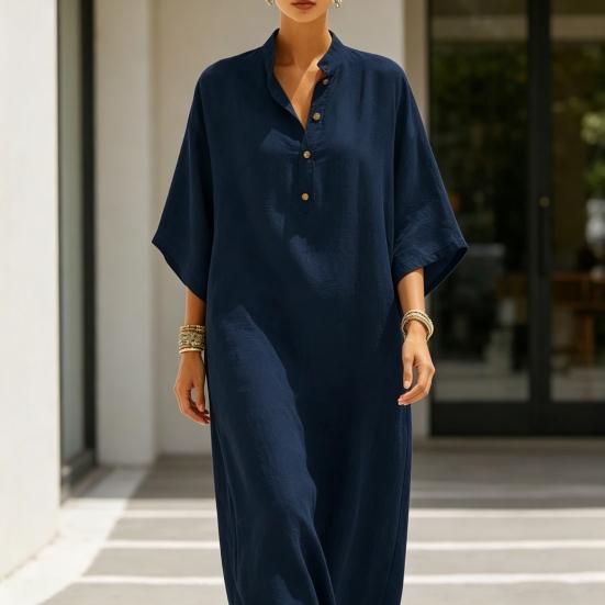 Summer Stand Collar Maxi Dress for Women Half Sleeve Button Up V Neck Long Dress Loose Flowy Beach Sundress with Pockets