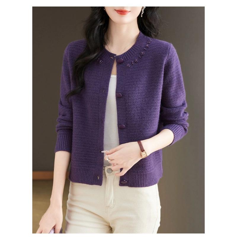 Women S Loose Long Sleeve Round Neck Solid Color Knit Cardigan For Spring Autumn