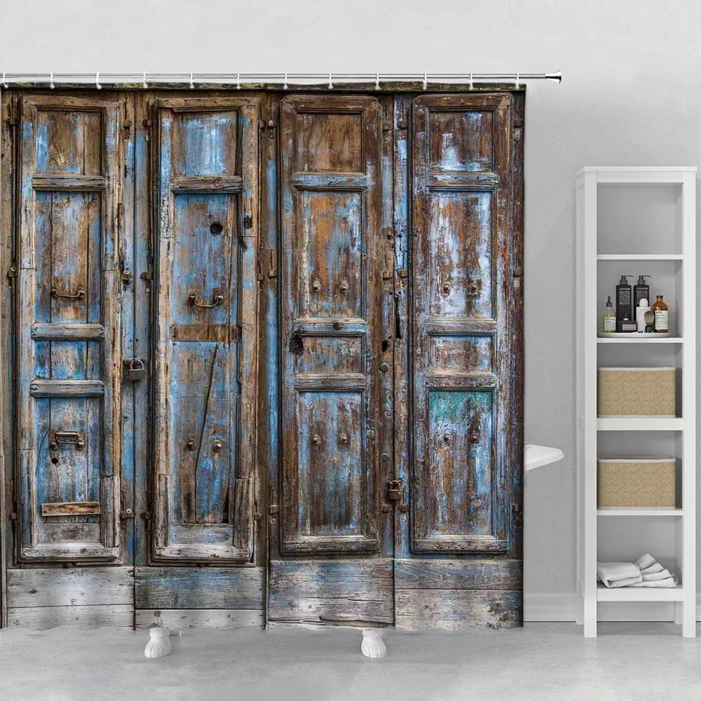 Retro Holz Türen Duschvorhang Set Rustikal Alt Vintage Scheunentor Stoff Badezimmervorhänge Bauernhaus Baddeko Badwände Haken