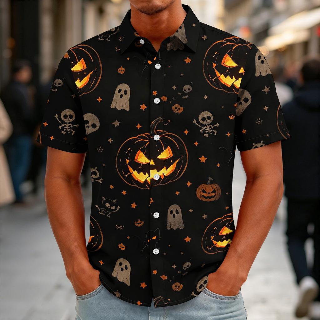 Herren Halloween Bedrucktes Vintage Textur Hemd Locker Atmungsaktiv Kurzarm Knopfleiste Lässiges Streetwear Oberteil für den täglichen Gebrauch